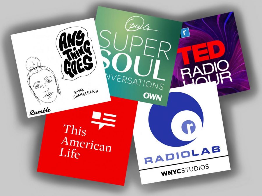 Fair use from Apple Podcast. Podcasts covers of Anything Goes with Emma Chamberlain, Oprah’s SuperSoul Conversations, TED Radio Hour, This American Life, and Radiolab.