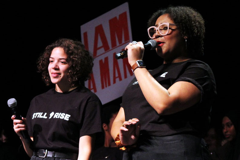 Seniors Zoe Younger and Amaya Fokuo, the organizers of the event, thank the audience for attending the sixth hour show Feb. 28. The Black History Month presentation was performed during fourth and sixth hour.