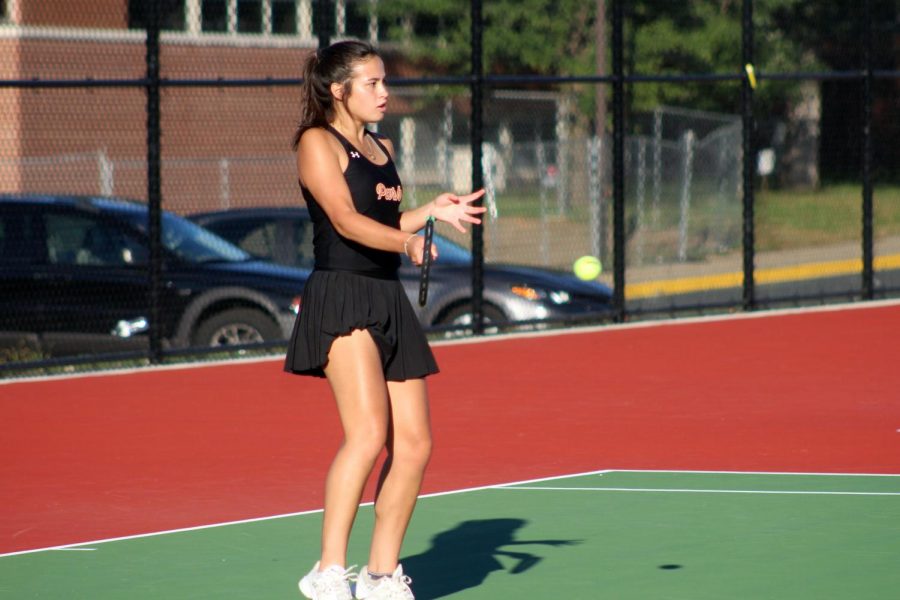 Senior Abby Meyer competes in a tennis match Sept. 22, 2019. Tennis, cross country, soccer and girls’ swimming will begin modified seasons Aug. 17.