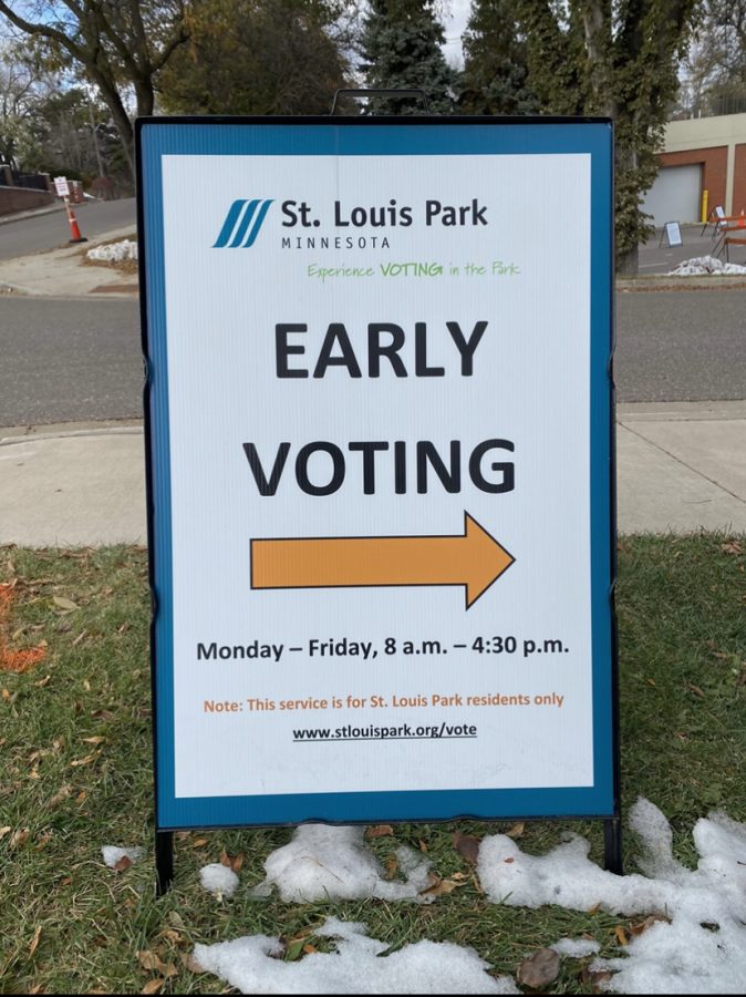 An early voting sign is placed outside the St. Louis Park City Hall. Voters are able to cast their ballot here among many other places before election day Nov. 3.