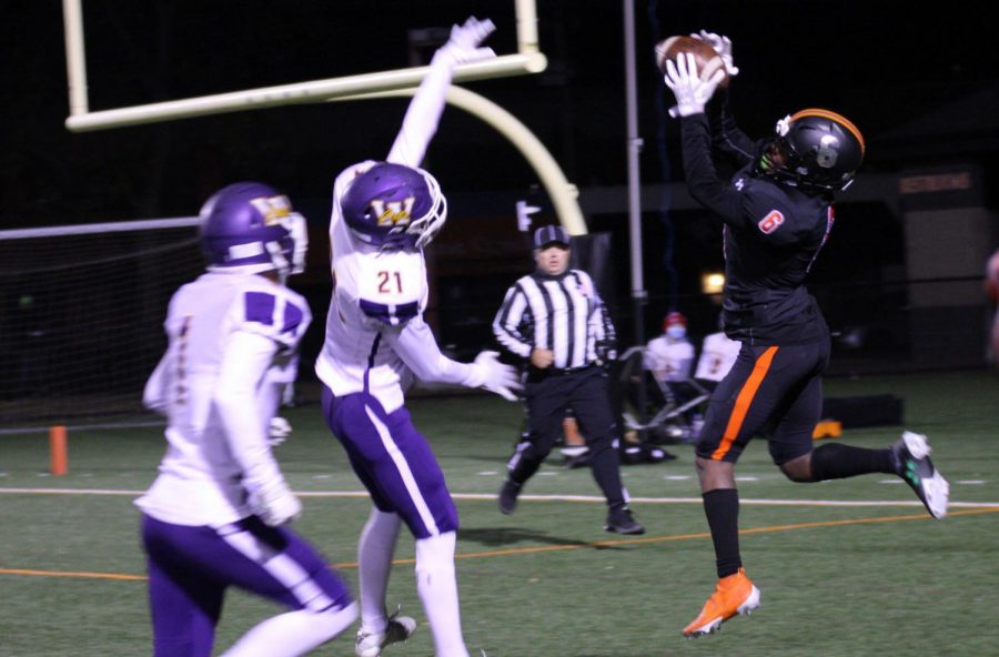 Senior Derric Standifer reaches for the ball to complete a pass in the endzone for a touchdown Oct. 16. Park lost to Waconia 49-14.