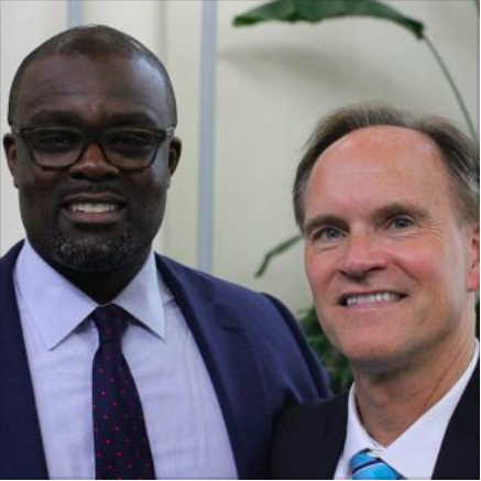 Former superintendent Rob Metz with current superintendent Astein Osei at Metzs retirement reception May 18, 2017. Since taking Metz’s position, Osei said the COVID-19 pandemic has presented the toughest challenges of his career.