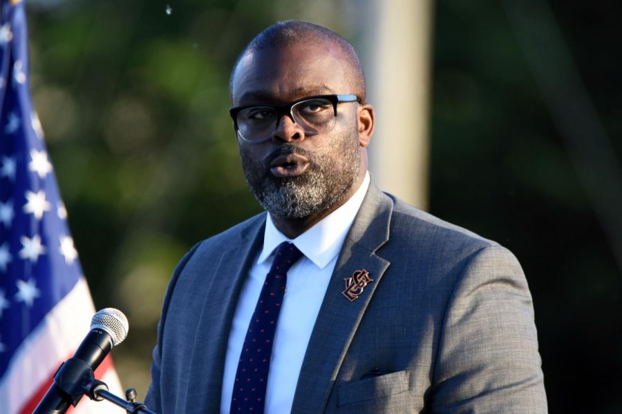 Superintendent+Astein+Osei+speaks+June+6+at+Parks+2019+Graduation.+Osei+said+the+COVID-19+pandemic+has+presented+the+toughest+challenges+of+his+career.