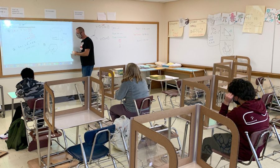 Math teacher Chad Austad teaches a class during hybrid learning Nov. 10. All Park staff members are now eligible for free COVID-19 testing every two weeks.