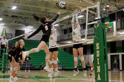 Senior Elsa Berglan hits the ball over the net at the sections game Oct. 24. Park lost 0-3 against Edina, ending their season. 