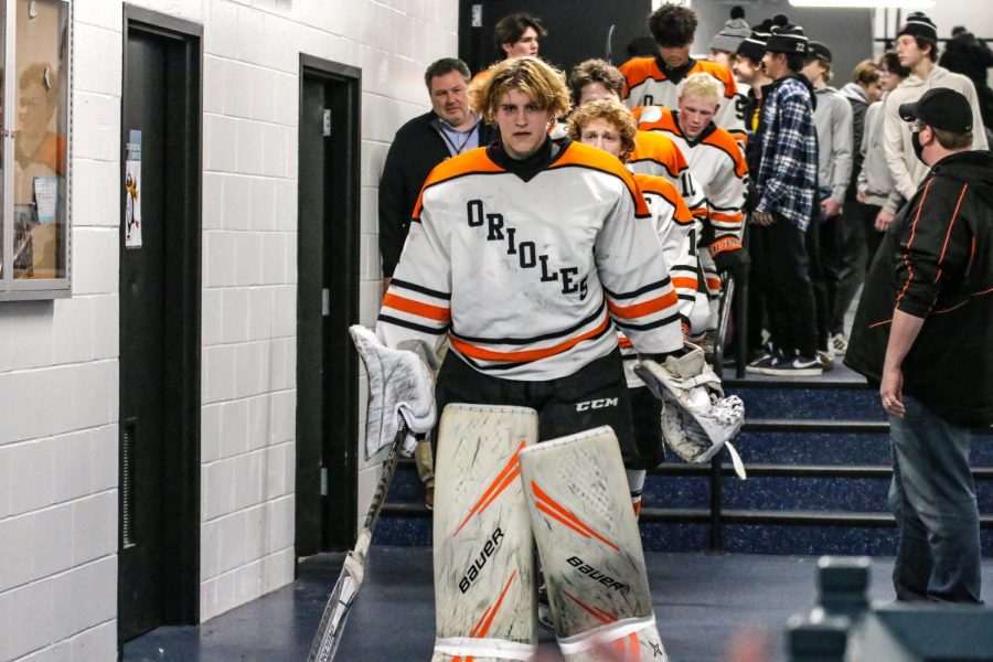 Sophomore starting goalie Josh Middleton leads the team on to the ice Dec. 2. This is Middletons second year as the starting goalie. 