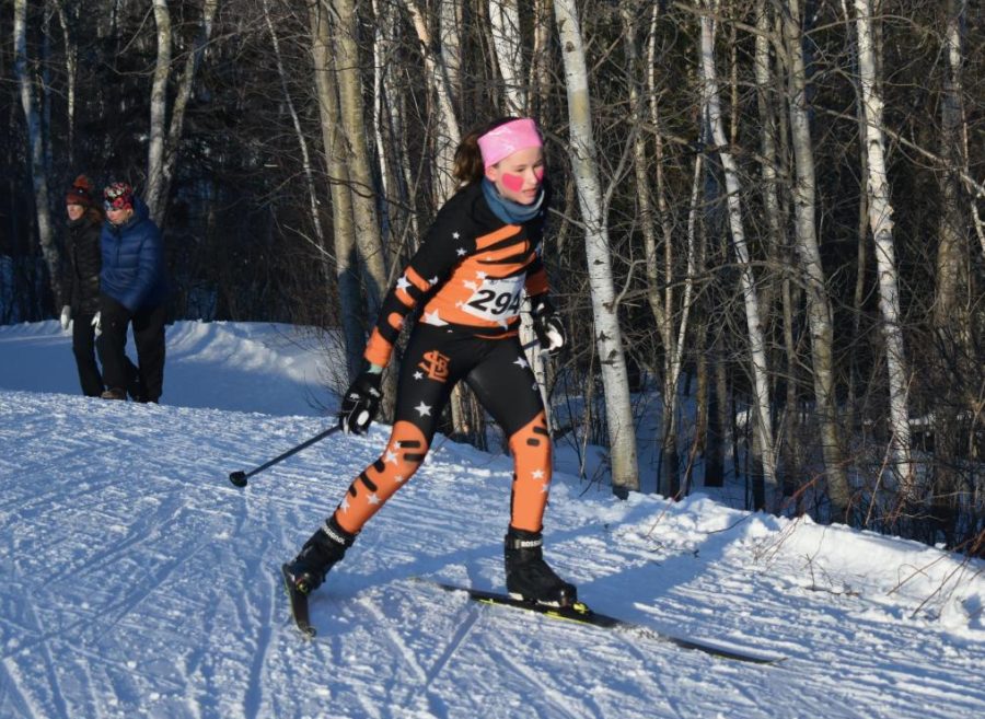 8th grader Kaylee Crump skates her way to the finish at the state meet Feb. 17. Crump finished in 102nd place.
