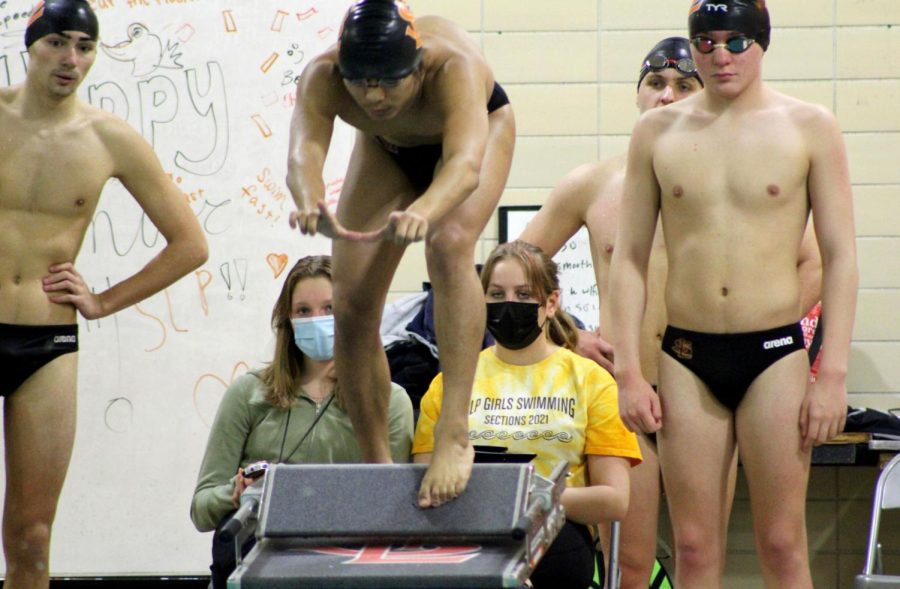 Tenzin Gyaltso swims the 400-Freestyle Relay, his last event as a senior. Park faced Bloomington Kennedy at home Feb. 8.