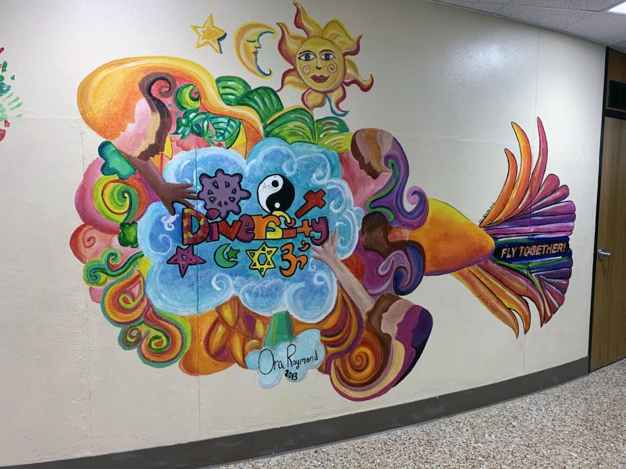 Student-made mural displayed in the C1 hallway March 16.  Mural by Ora Raymond. 