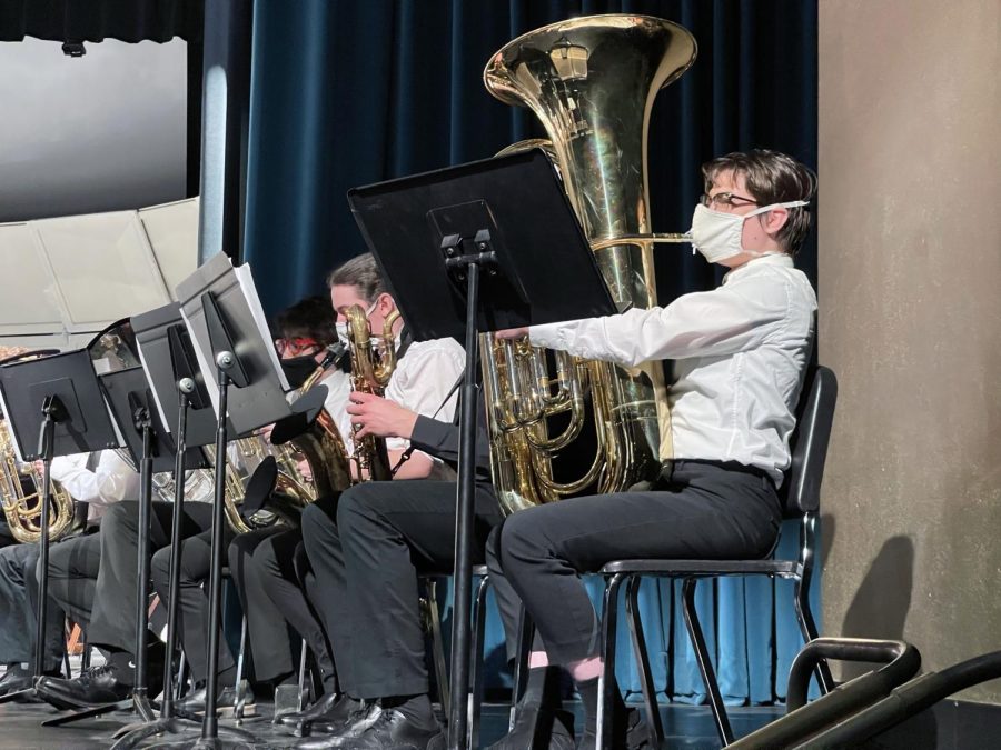 Senior plays the tuba at the band concert March 3.  Band will be taking a trip to California during spring break.