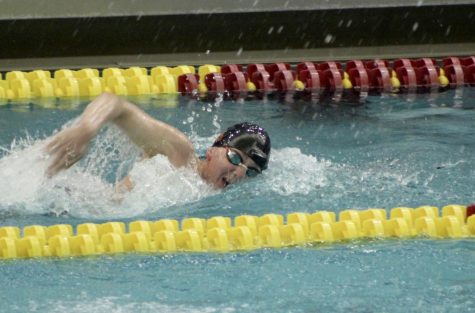 Senior Andre Barajas swims the 500 yard freestyle March 5. Barajas made it to the podium, placing 8th in the state. 
