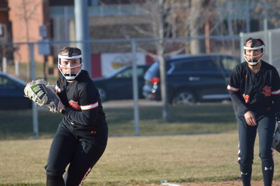 Senior Georgia Charpentier readies to throw in hopes of getting an out April 22. Softball will have its next game May 2 against Bloomington Jefferson.