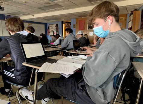 Sophomore Sam Pilner studies for the AP European History exam April 21. Students are preparing for AP exams coming up in early May.