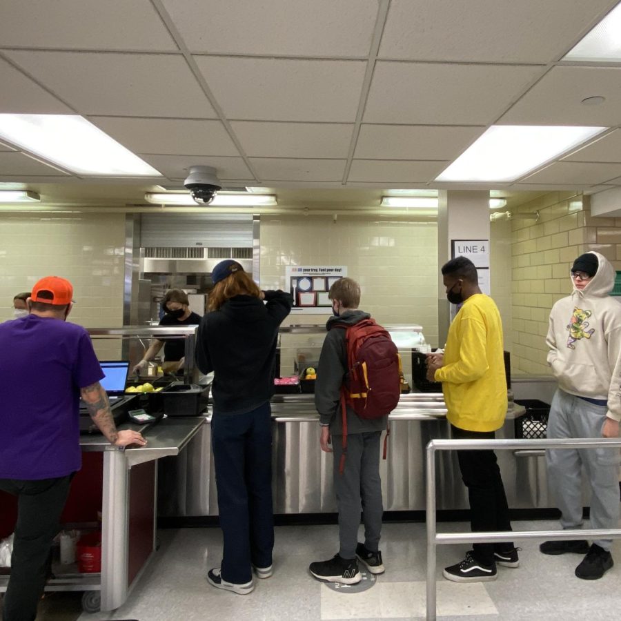 Students+in+the+cafeteria+line+up+for+lunch+during+second+lunch+April+15.+Students+with+dietary+restrictions+have+had+a+lack+of+choices+for+lunches.