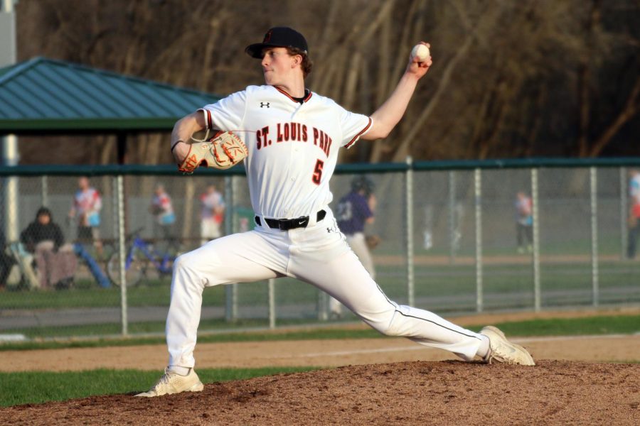 Junior Stefano Giovannelli pitches against Chaska May 4. Giovanelli earned 7 strikeous for the Orioles.