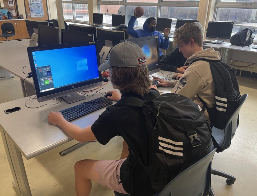 Freshman Calvin Otos and Max Rider use a computer for fantasy sports action thursday. Freshman Max Rider said he believes action thursday is a good break from normal classes. 
“I like them, you get to do other stuff than sit in your park connections class and you get to be open to new ideas and do new stuff,” Rider said.
