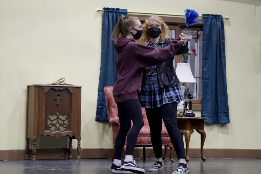 Juniors Gwen Rockler-Gladen and Sophia Earle rehearse dancing about. The two play sisters who fight and make up over the course of their scene.