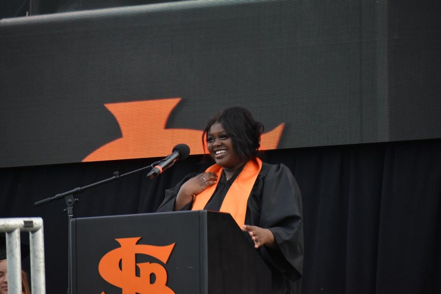 Senior Olivia Cosey addresses graduates onstage June 7. Students applied to do speeches beforehand. 