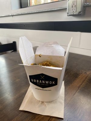 Food is served in a cup on minimalistic and modern table. Urban Work recently opened at the West End.