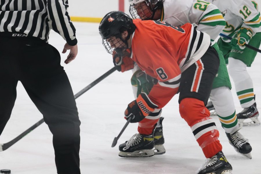 Senior Teddy Dahlin takes the face off against the Hornets Dec. 15. Park battled until the end, in a 1-4 loss to Edina. 
