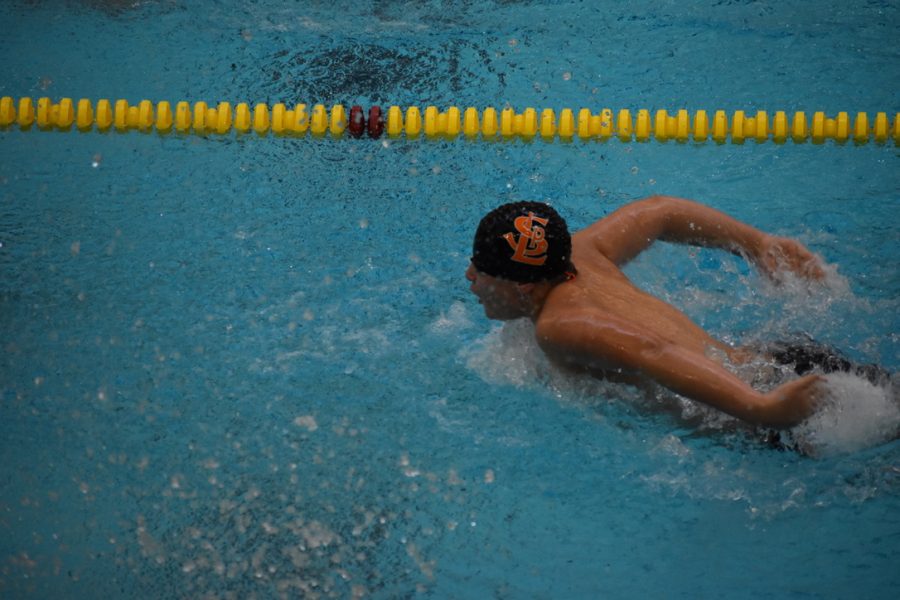 Seventh-grader Axel Smith breaststrokes at the invitational meet Saturday. Park won their division at their second meet Jan. 7.