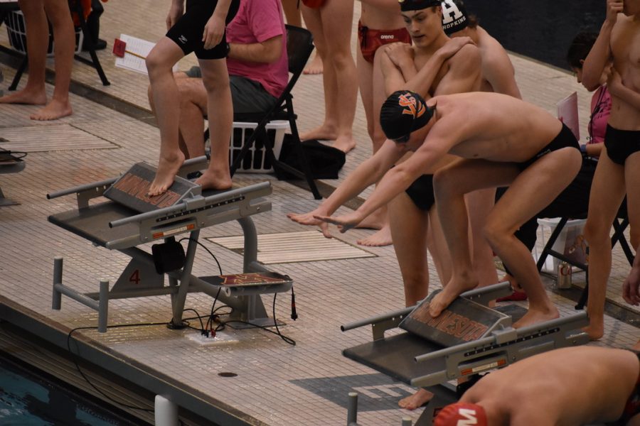 Junior Daniel Cameron gets ready to dive into the pool for the 50m fly. Cameron swam two races for the team Jan. 7.