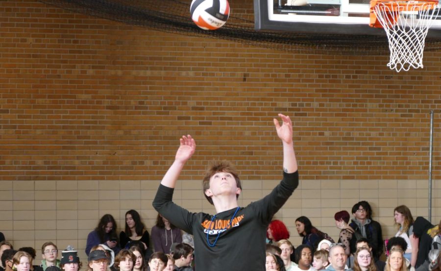 Junior Bjorn Bleske strikes the ball over to the other side Feb. 10. Park had their pepfest for SnoDaze