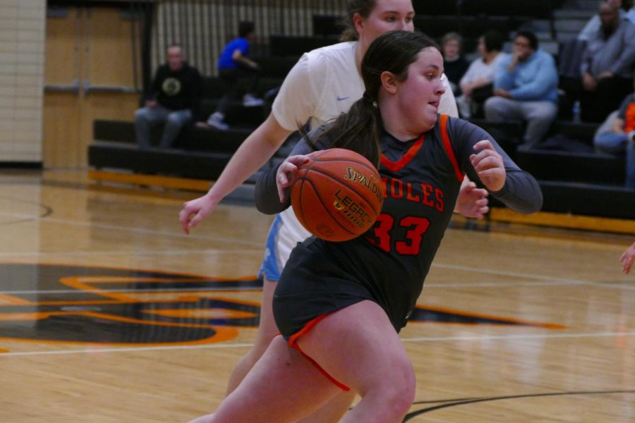 Sophomore Isabella Miller runs the ball down for a layup Feb. 24. Park lost to Jefferson 61-58.