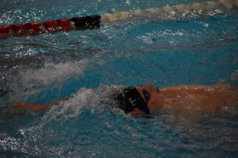 Junior Daniel Cameron swims the 50 back as part of a relay for the boys team Feb. 2. The boys went up against Benilde-St. Margarets.