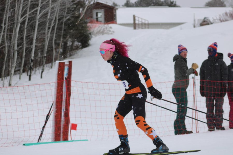 Junior Addison Chenvert begins her leg in the relay race Feb. 15. Chenvert skied out of the tag off zone in sixth place.