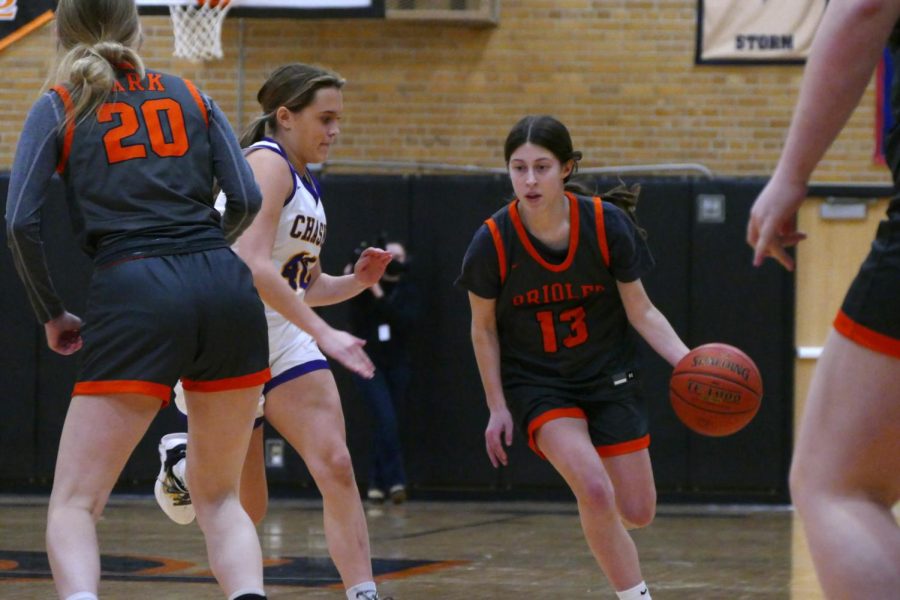Sophomore Josie Hechtman dribbles the ball down the court Feb. 10. Park was defeated by Chaska 82-41.