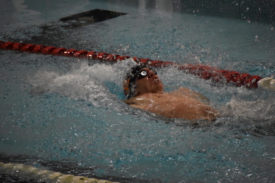 Junior Captain Henry Salita swims 50 back in the teams 200 medley relay. Salita has limited options for racing after suffering an ACL injury in the fall.