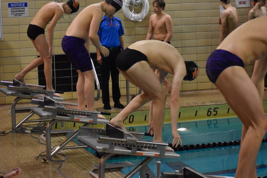 Sophomore Caleb Teichman prepares to dive into the pool Feb. 9. Teichman swam the 100 breaststroke for the team Thursday.