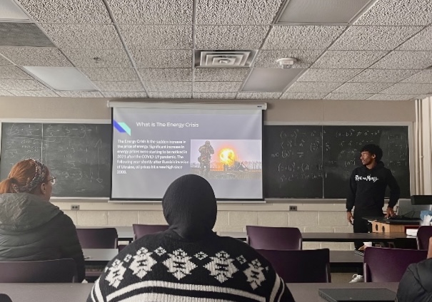 Member of Minds Matter, Kumera Bekele, presents March 11. The presentation was on the energy crisis. 