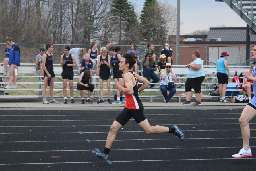 Sophmore Lucas Tangelson competes in the mile race during the boys track meet at Armstrong April 14. Tangelson finished with a time of 4:51.
