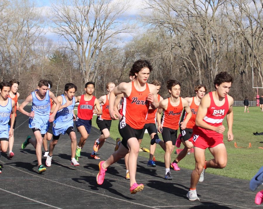 Freshman Jacob Skelly starts to run the mile May 5. Park won the mile race with two people placing in the top three: Paxon Myers and Jacob Skelly.