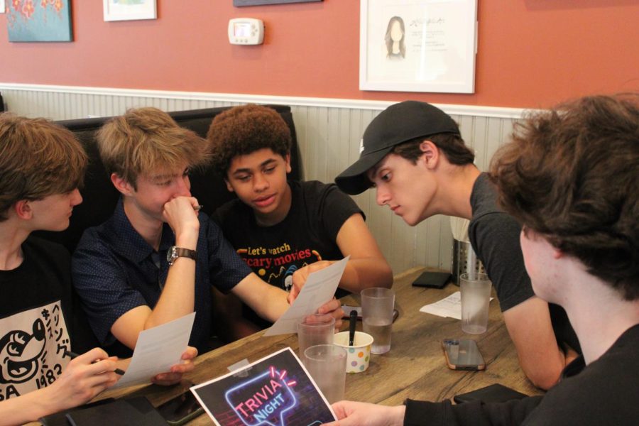 Parkway Pizza hosts Trivia Night May 23 to support the Euro trip. Sophomores Oscar Martin, Tripp Danicic, Miles Johnson and Ray Turner guess answers to trivia games.