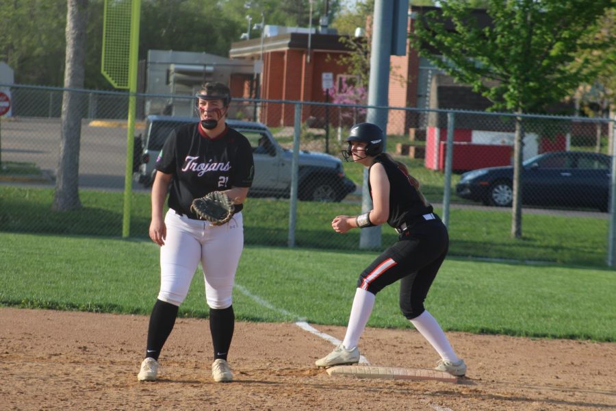 Sophomore Cora Zumbrunnen gets ready to sprint to second base May 15. Park lost to New Prague 18-5.