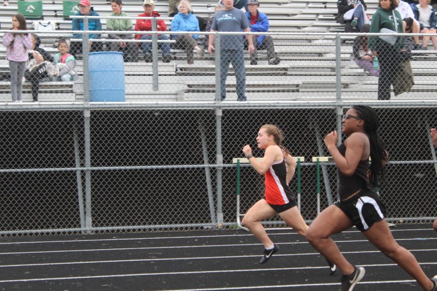 Junior girls captain Vesna Dennison sprints to the finish line May 9. Park’s girls team took fifth place at Mounds View track meet.