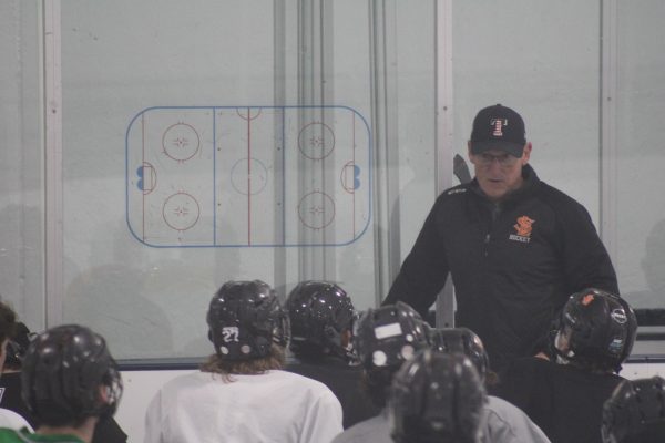 On Nov.7 boys hockey had a practice session. Coach Donahue draws up a new drill.