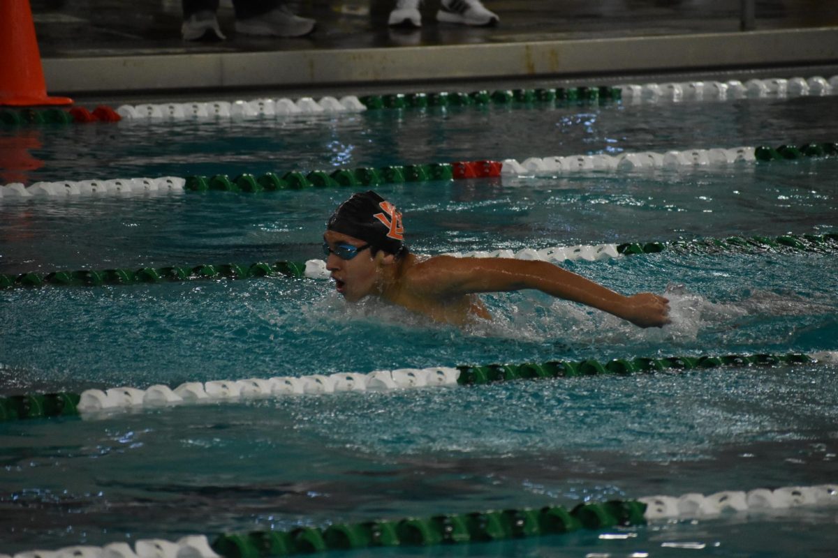 Eighth-grader Luis Dominguez Gomez swims the 100 fly on Jan. 13. The boys swam at Edina on Saturday.
