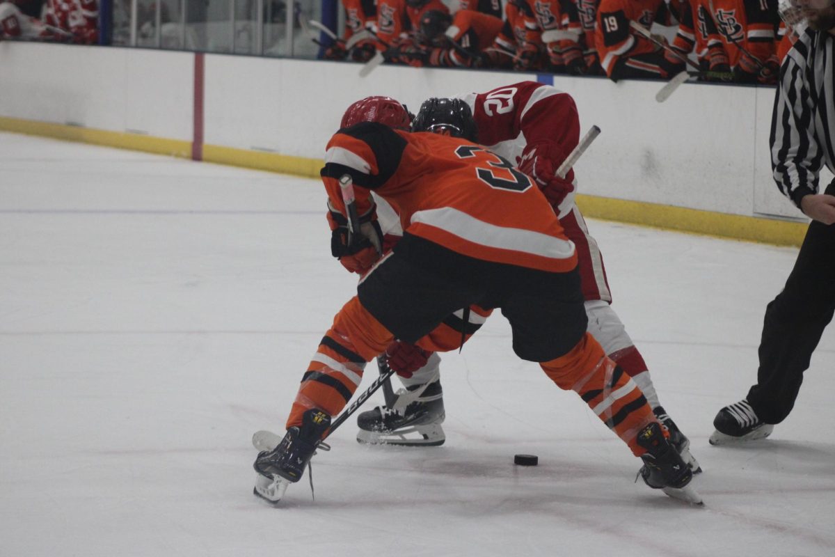Senior Henry Schrader fights for a face off in the third period on Jan. 9. Park lost 3-1 to Benilde St. Marget.