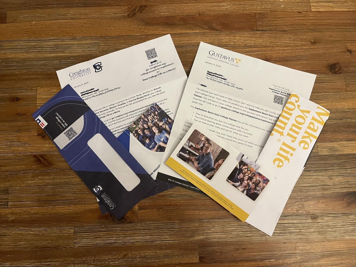 College+letters+from+Gustavus+Adolphus+College+and+Creighton+University+Jan.+24.+Both+letters+provided+via+mail+and+detail+the+benefits+of+attending+each+college.+