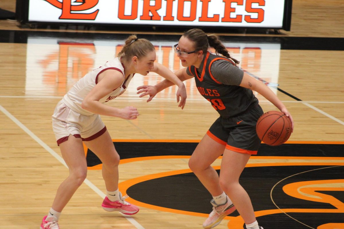Senior Evelyn Schmitz dribbles against her defender, attempting to get past. The game was held at the Nest against the Trojans Jan. 23.
