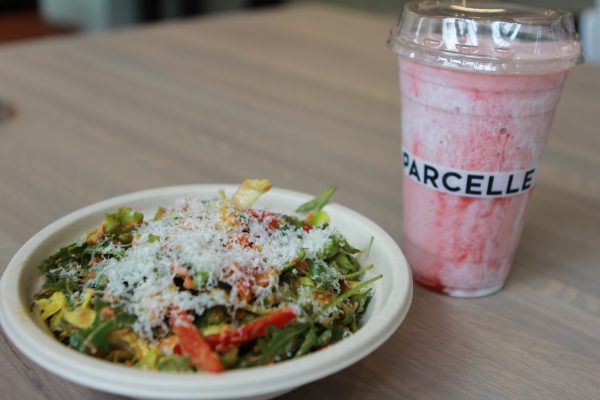 Wild Romesco Salmon Salad and C.R.E.A.M. Smoothie from Parcelle Organics Mar. 4. Parcelle serves breakfast, lunch and beverages.