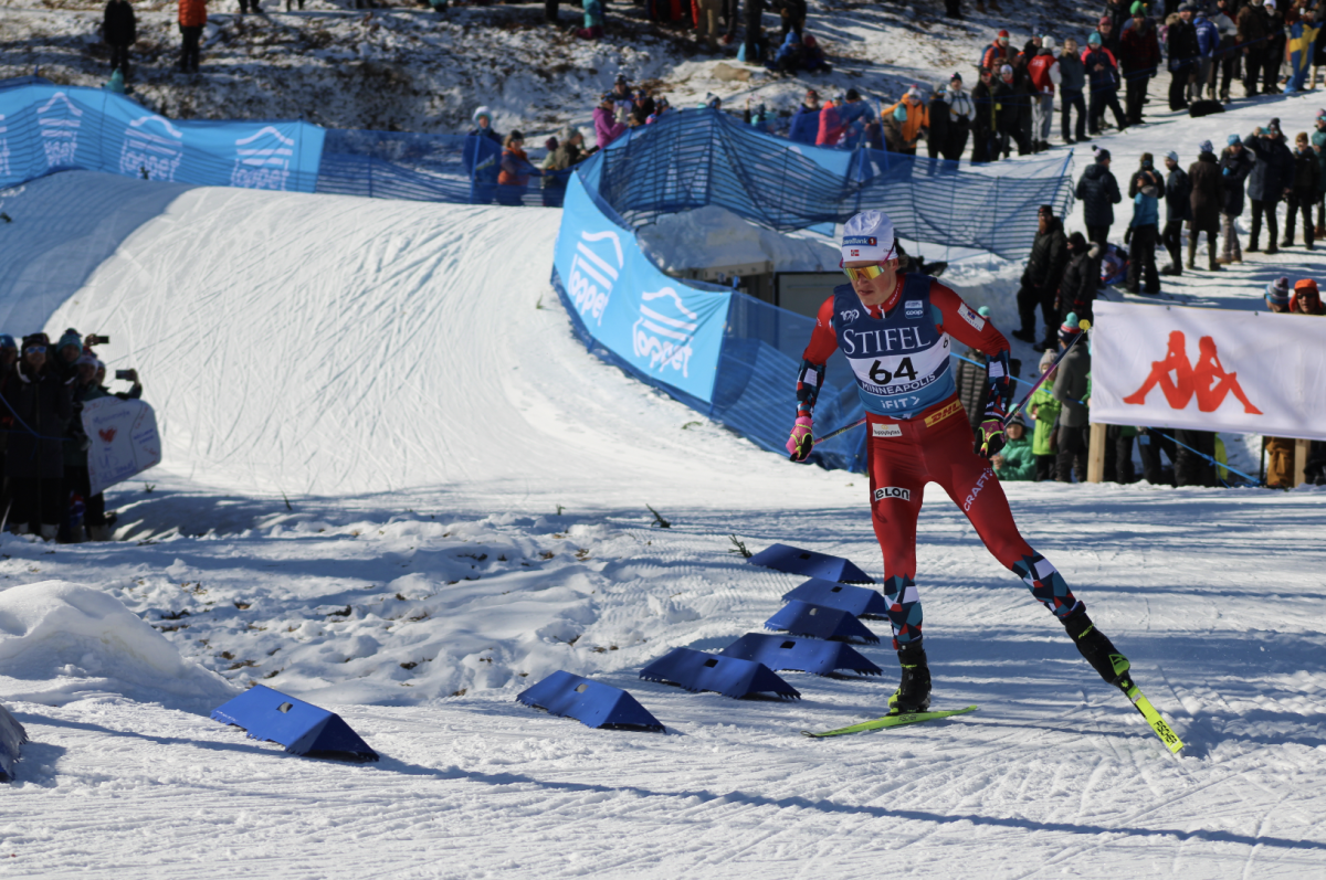 One of Norway’s top skiers, Johannes Klæbo, glides up the hill Feb. 18. Klæbo’s strong race left him to finish in fourth with a time of 20:59.2.