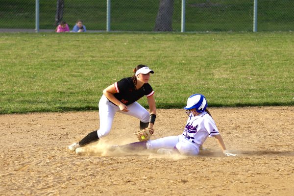 Junior Sydney Gallentine applies a tag on a runner trying to advance April 15. Her efforts on offense and defense helped Park in a 7-4 victory over Minneapolis Southwest.