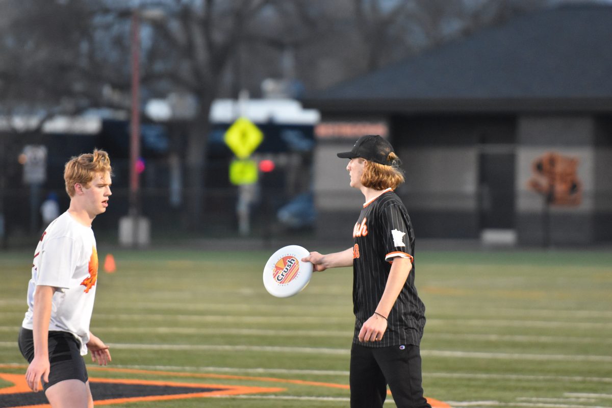 Sophomore Owen Anklam prepares to throw the frisbee April 17. Crush ended up winning the game 15-8.