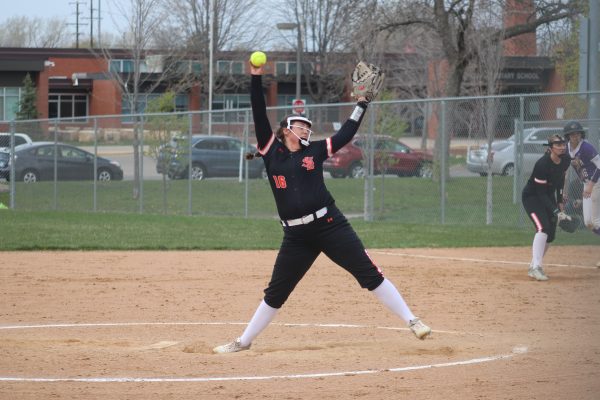 Seventh grader Gabbie Loberg throws a pitch against Chaska April 22. The Orioles lost this game 5-3.