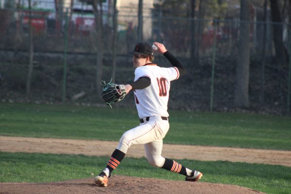 Senior Josh Middelton throws a pitch April 18. Park battled back against Waconia and won 5-4.